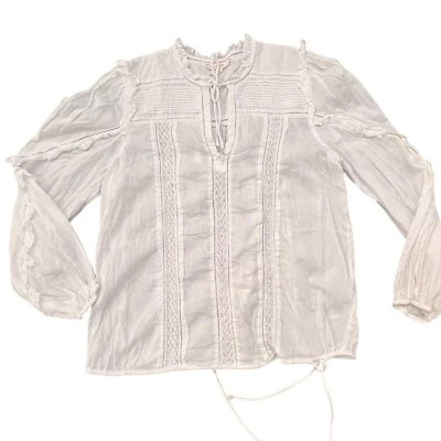 Top boho blanco manga 3/4 AE77 cuello en V borlas cordón cintura talla pequeña nuevo sin etiquetas Foto 1 de 4