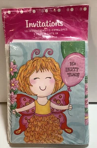 Party Time Birthday Invitations Cards Fairy Girl Balloons Flowers 12 Count Retro - Picture 1 of 5