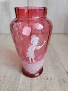 Mary Gregory giovane ragazza fiore dipinto miniatura rosso vaso vetro da collezione vintage - Foto 1 di 8