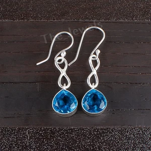 Swiss Blue Topaz Gemstone 925 Sterling Silver Jewelry Earrings 1.60" For Wedding - Picture 1 of 6