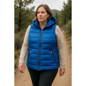 MY ANORAK Womens Blue Hooded Puffer Vest Down Fill Zip Front XL - Picture 1 of 6