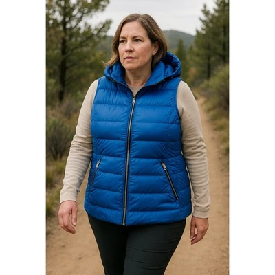MY ANORAK Womens Blue Hooded Puffer Vest Down Fill Zip Front XL - Image 1 of 4