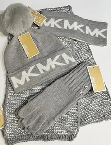 $202 Michael Kors 4-Piece Set SCARF, HAT, GLOVES (3-Piece) + HEADBAND Gray * - Picture 1 of 9