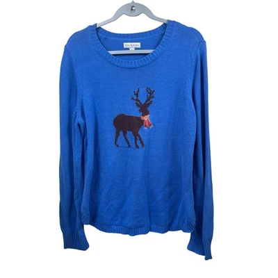 Kim Rogers Womens XL Blue Reindeer Christmas Holiday Crew Neck Knit Sweater - Image 1 of 4