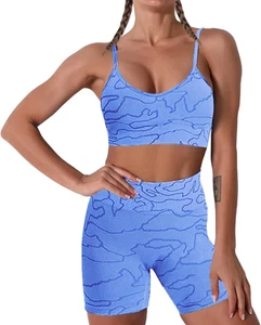 Women Seamless Yoga Set 2 Piece Workout Sport Bra with High Waist Shorts Legging - Picture 1 of 24