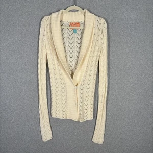 Y2K Hollister Cardigan Sweater Medium Cream Open Knit Crochet Beachy Fisherman - Picture 1 of 11