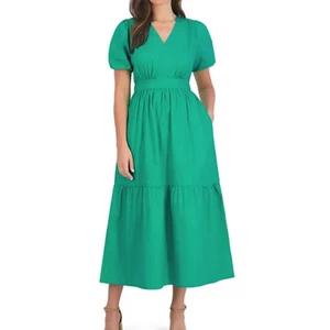 French Connection Womens Tiered Maxi Dress Size XXL Kelly Green Puff Sleeve NWT - Picture 1 of 12