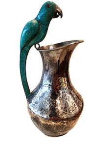 Vintage Mexico Taxco Cobre Parrot Pitcher Copper Silverplate Malachite Parrot - Picture 1 of 11
