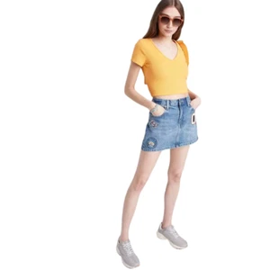 Women's Low Rise Denim Mini Skirt Wild Fable Medium Wash Patches 2 Medium Blue - Picture 1 of 4