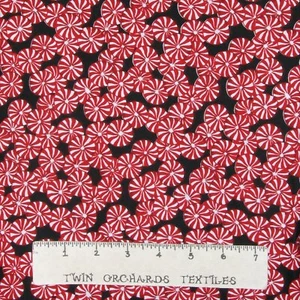 Christmas Fabric - Red Peppermint Candy Toss Black - Santee Lightweight 28" - Picture 1 of 1