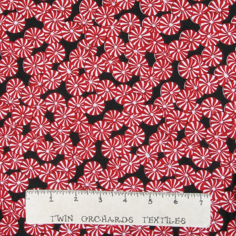 Christmas Fabric - Red Peppermint Candy Toss Black - Santee Lightweight 28" - Image 1 of 1