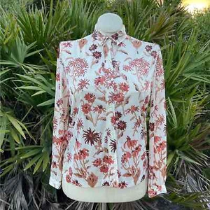 70s Vintage Cream Blouse with Pixelated Brown Flowers Vera Neumann Size L - Picture 1 of 9