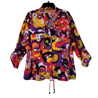 Ruby Rd Womens Multicolor Abstract Floral Button Up Jacket Roll Tab Sleeve 24W - Image 1 of 4