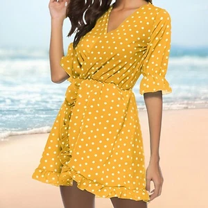 Women's Polka Dot Ruffle V-Neck Vintage Mini Dress. Spring Summer Dress - Picture 1 of 12