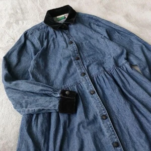 80s USA Vintage Denim Long Dress with Velour Outerwear & Paper Tag Size M - Bild 1 von 9