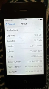 iPhone 4s Black (Verizon) A1387 16GB (GSM + CDMA) Very Good IOS 9.2.1 51 APPS - Picture 1 of 8