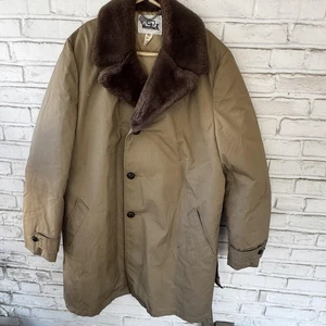 Vintage Woolrich Coat Mens 44 Long Tan Down Lined Fur Collar Belted Winter 90s - Picture 1 of 11