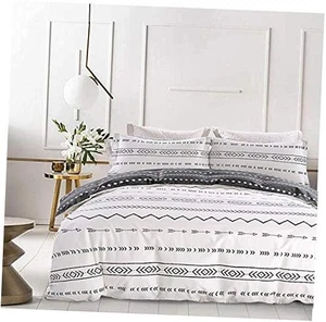 Duvet Cover,600 Thread Count Cotton 3pcs Queen Black Geometric on White Base - Picture 1 of 8
