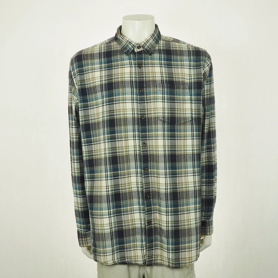 Eddie Bauer 法兰绒纽扣衬衫男式 XLT 高米色格子休闲版型露营 — 第 1/3 张图片