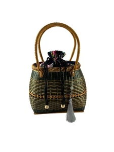 Handmade Wicker Basket Purse Floral Drawstring Floral Fabric Liner Boho Tote Bag - Picture 1 of 10