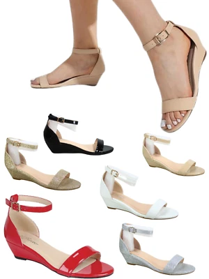 Zapatos de vestir sandalia de cuña baja con correa en el tobillo y punta abierta para mujer Foto 1 de 4