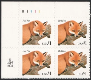 1998 US SC 3036 $1 Fox TopLeft Plate Block of 4, B3333 - MNH - Picture 1 of 2