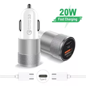 USB Type C PD Fast Charging Car Charger,20W Dual Port Power 3A&Dual Type-C Cable - Picture 1 of 36