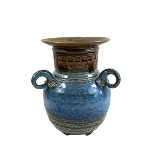 Vintage Handmade Terracotta Urn Vase 3 Handle Blue Raku Glaze Art Pottery - Picture 1 of 11