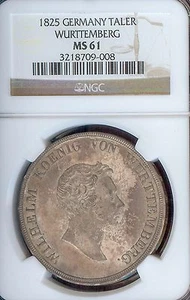 German States Wurttemberg 1825 Taler Coin NGC MS61 VZ/F.STG Thaler VARIETY RARE - Picture 1 of 4