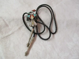 Vintage Bennett Sterling Bolo Tie Zuni Bird inlaid MOP turquoise coral onyx - Picture 1 of 4