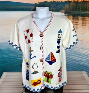Quacker Factory LARGE Nautical Lighthouse Sailboat Knit Sweater Anchor Lobster - Picture 1 of 18