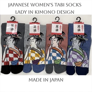 Japanese Women's Lady in Kimono Design Tabi Socks 22-25cm Made In Japan 4 Pairs - Picture 1 of 2