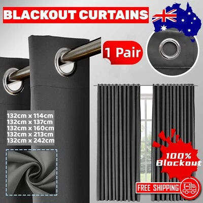 2X Blockout Curtains Thermal 100% Blackout 3 Layers Fabric Pair Eyelet Bedroom - image 1 of 4