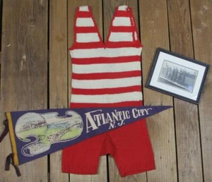 Vintage 1930s Red/White Stripe Wool Swimsuit Antique Bathing Suit Pennant Photo - Picture 1 of 15