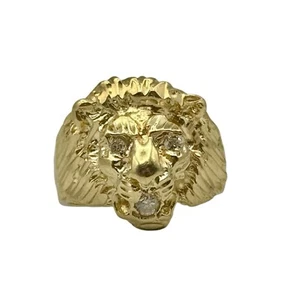 14K Yellow Gold Diamond Eyes & Mouth Men’s 3D Lion Head Ring Size 6.25 - Picture 1 of 6