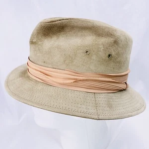 Vintage Tan Suede Hat Peach Trim Mens Size Large Authentic Styles Made In USA - Picture 1 of 9