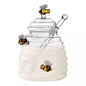 Honey Jar Glass Honey Dispenser Glass Honey Jar With Dipper Lid Kitchen - Picture 1 of 11