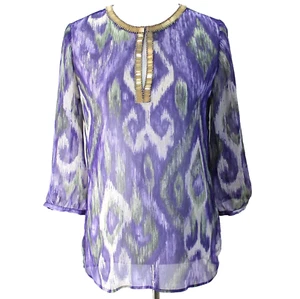 Blusa Semi Transparente Chicos Travelers Talla 0 S Púrpura Verde Manga 3/4 Borde Dorado Top - Imagen 1 de 7