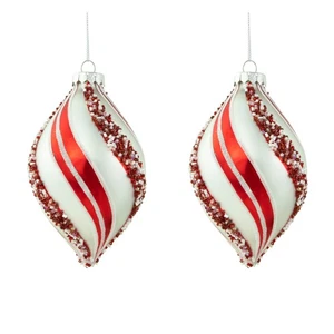 Northlight 2 White Red Glitter Beads Striped Finial Christmas Ornaments 5.5" - Picture 1 of 7
