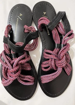 Anthropologie Gladiator Rope Flats Sandals Multi Red Suede Boho Tassels US 6 /36 - Image 1 of 4