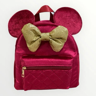 Mini Mochila Disney Minnie Mouse Terciopelo Rojo Orejas con Lazo Dorado Nueva con Etiquetas Foto 1 de 4