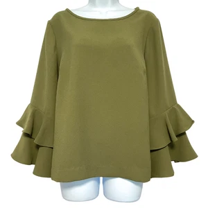 J Crew Lana Blouse Womens Size 14 Olive Green Ruffle Tiered Bell Sleeve Holiday - Picture 1 of 10