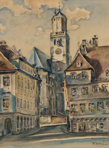 F. HAIL (1898-1975), vista ciudad con iglesia, Aq. Historicismo cuadros urbanos 1950-1 - Imagen 1 de 5