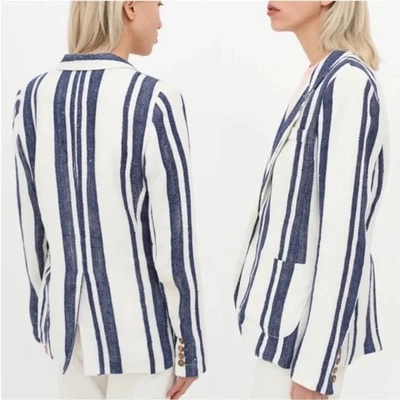 Smythe Classic Duchess Blazer 100% Linen Satin Lined Navy Blue Stripe Size 4 - Image 1 of 4