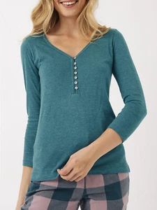 NUOVA T-shirt top donna Fat Face Lily Lace Henley verde foglia 8 10 12 14 - Foto 1 di 5