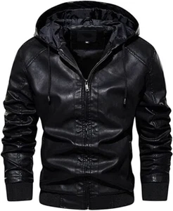 New Men's High Quality PU Faux Leather Sports Hoodie Jacket Solid Regular Fit - Picture 1 of 15