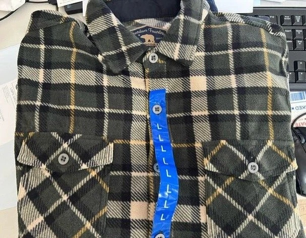 Freedom Foundry Fleece Shirt Mens L Plaid Green & Beige Long Sleeve