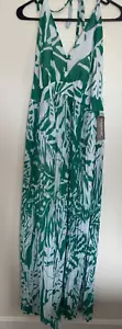 Eva Mendes Dress Maxi Halter Green & White Empire Waist Size L - Picture 1 of 6