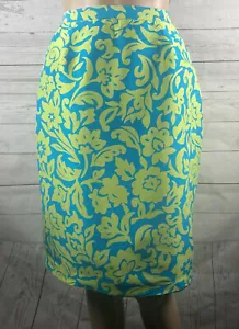 Bob Mackie 100% Silk Skirt Womens Size 6 Teal Blue Lime Green Floral Knee Length - Picture 1 of 12