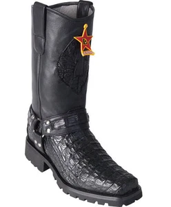 Los Altos BLACK Smooth Caiman Crocodile BIKER Boots Square Toe D 55T1705 - Picture 1 of 2
